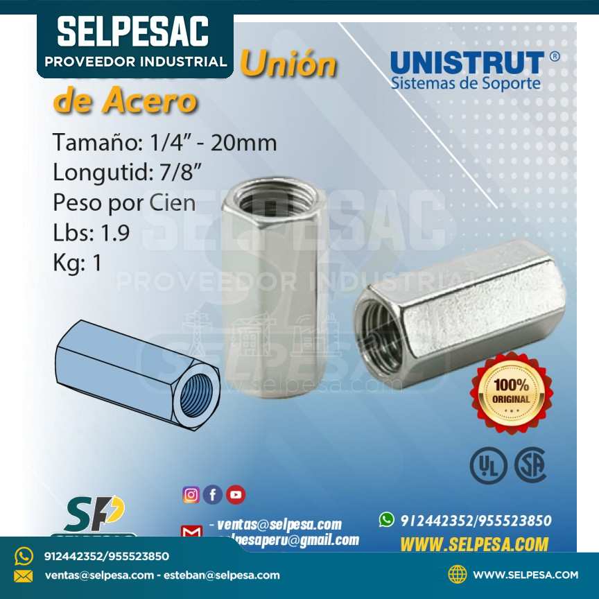 UNISTRUT - TUERCAS DE UNIÓN 1/4´´ DE ACERO GALV. UL
