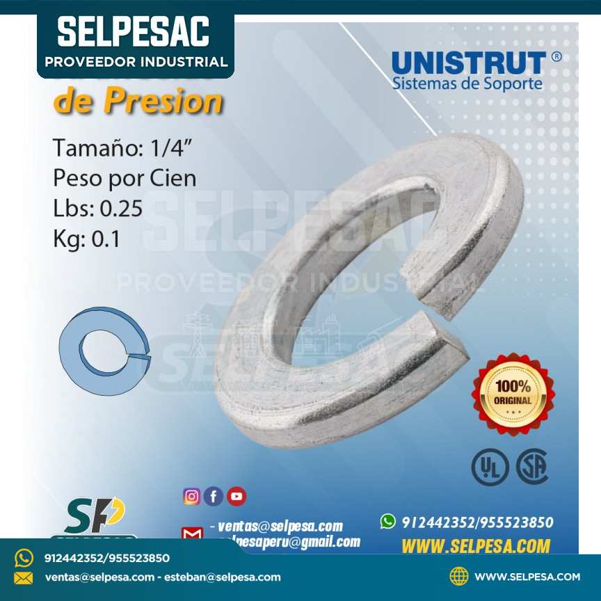 UNISTRUT- ARANDELAS DE PRESIÓN 1/4´´ 0.1 KG ACERO ZINC. UL