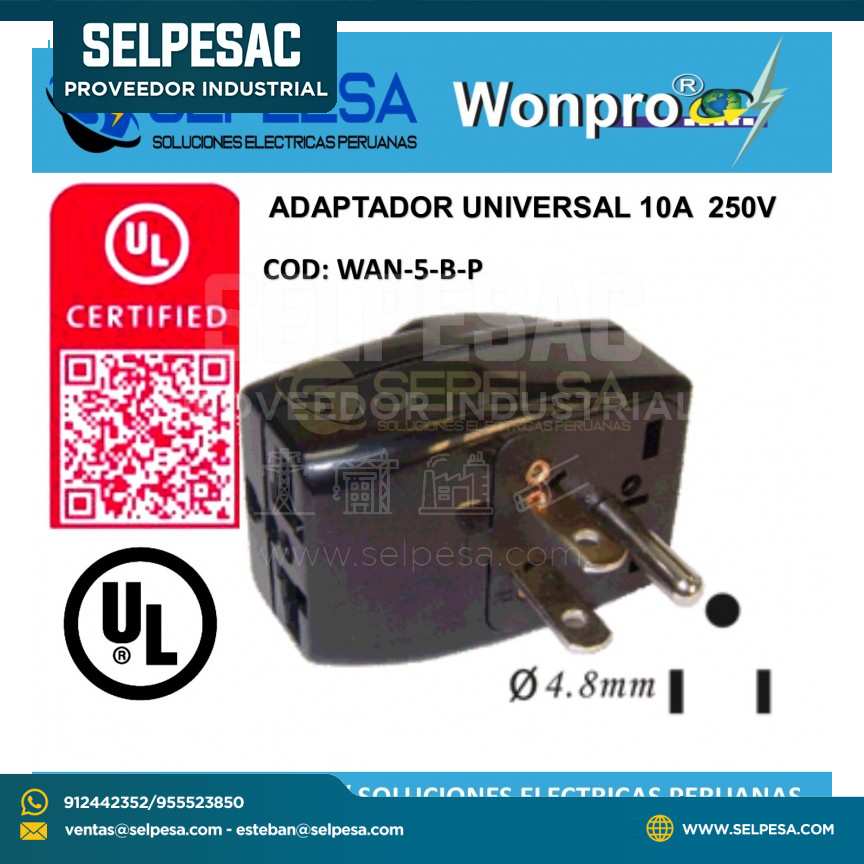 ADAPTADOR UNIVERSAL CON L/T 10A 250V NEGRO WOMPRO
