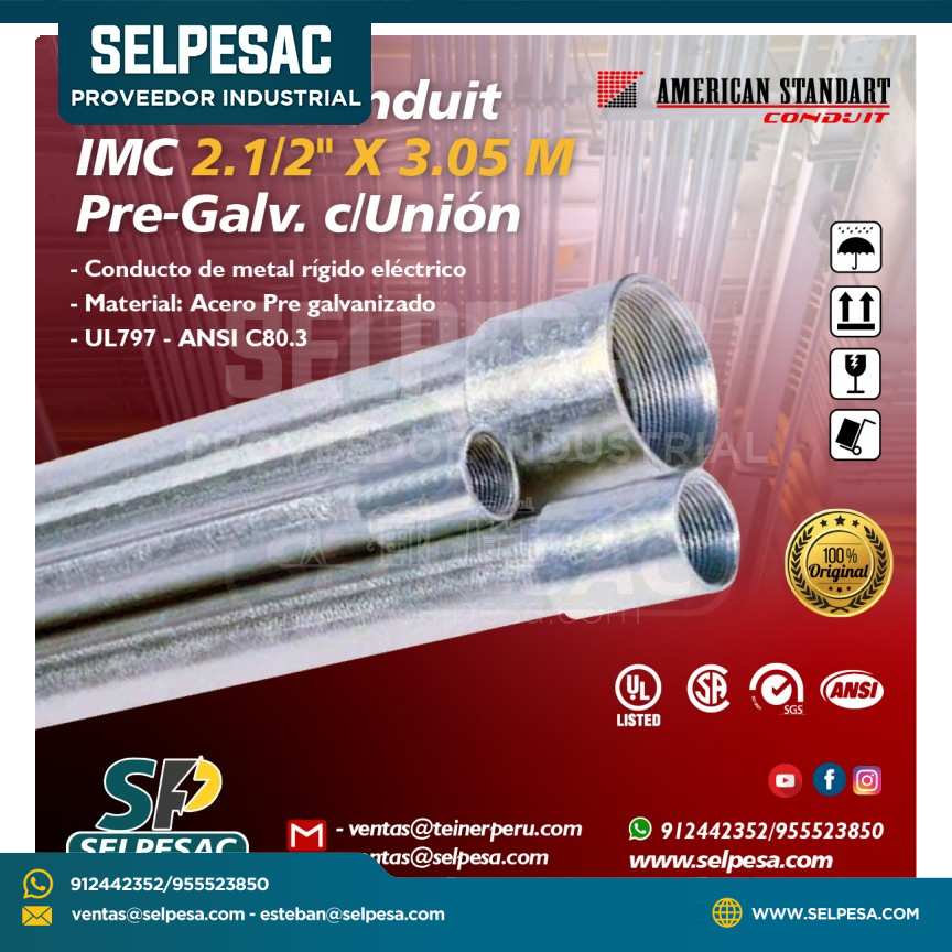 AMERICAN STANDART - TUBERÍA CONDUIT IMC 2.1/2´´ X 3.05MTS PRE- GALV. C/UNIÓN