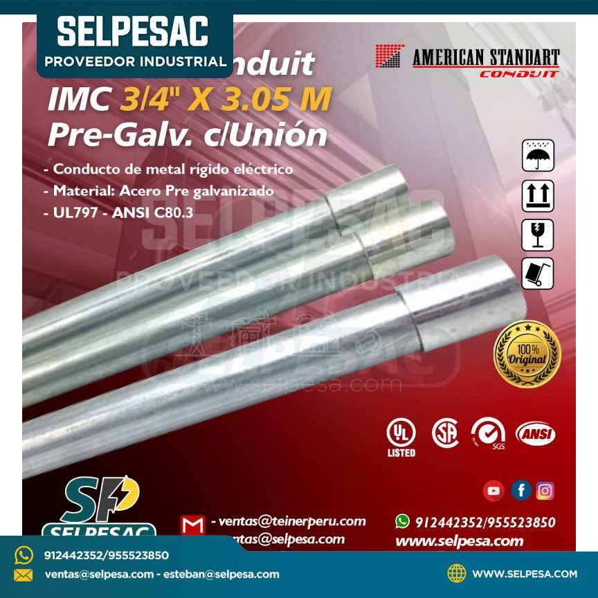AMERICAN STANDART - TUBERÍA CONDUIT IMC 3/4´´ X 3.05MTS PRE- GALV. C/UNIÓN