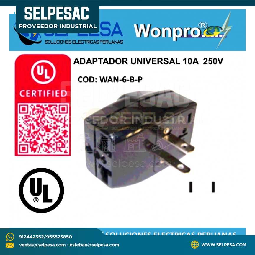 ADAPTADOR UNIVERSAL CON L/T 10A 250V NEGRO WOMPRO