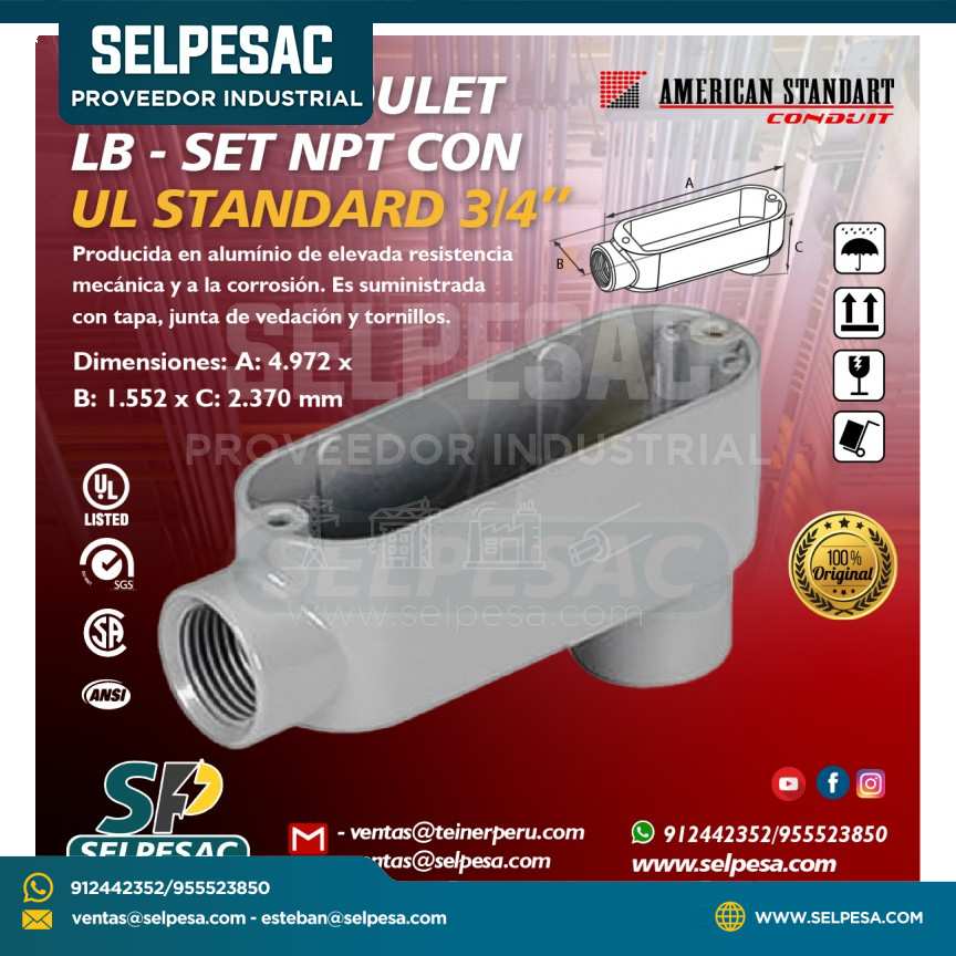 AMERICAN STANDART - CAJA CONDULET TIPO LB - 3/4´´ ALUMINIO - SET NPT CON UL