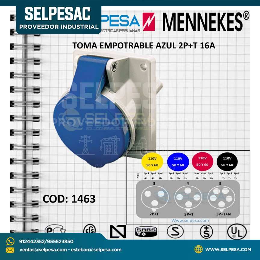 TOMA EMPOTRABLE AZUL 2P+T  16A 250V IP44, MENEKES