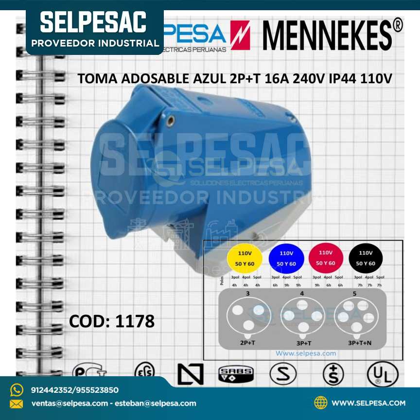 TOMA ADOSABLE AZUL 2P+T 16A 250V IP44, MENEKES