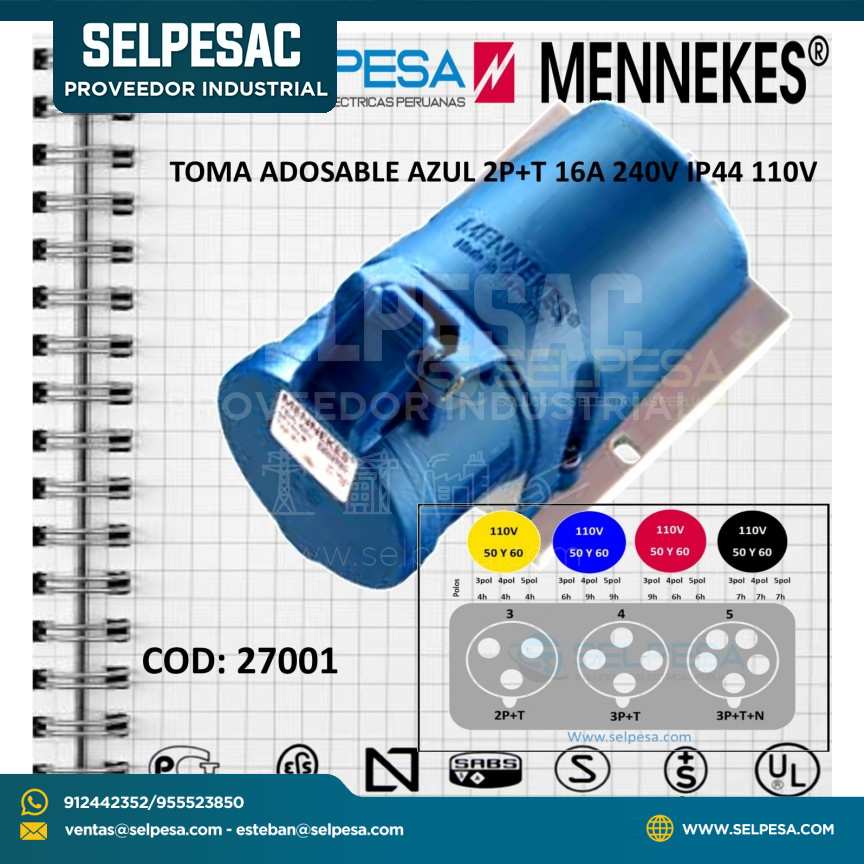 TOMA VISIBLE AZUL 2P+T 16A 250V IP44, MENEKES