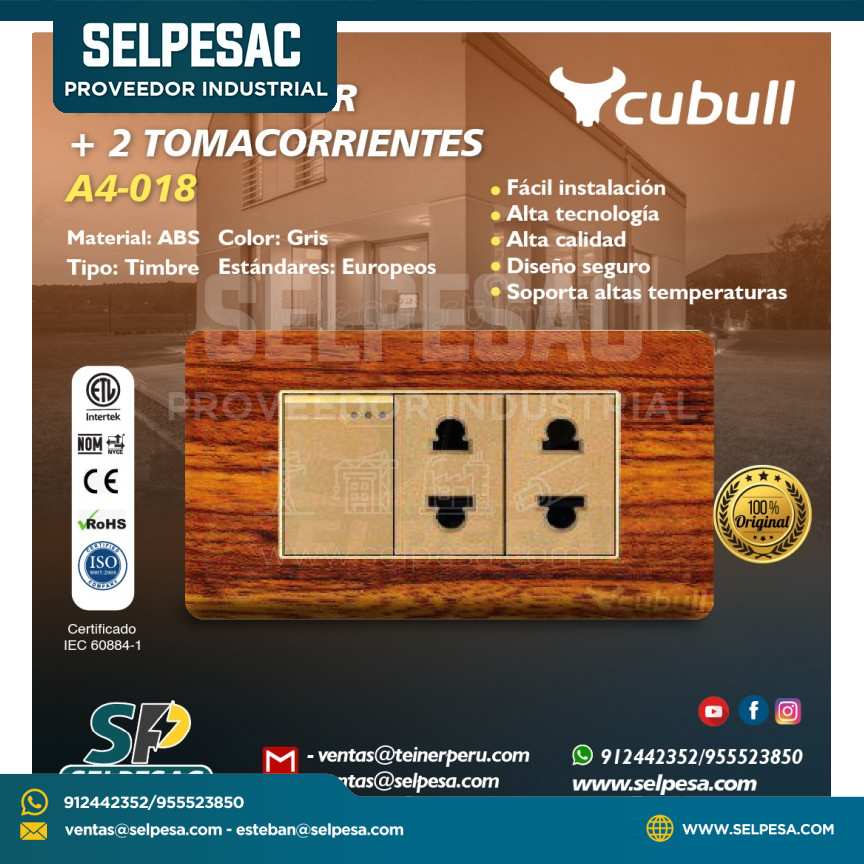 CUBULL - 1 INTERRUPTOR + 2 TOMACORRIENTES A4-018 MADERA