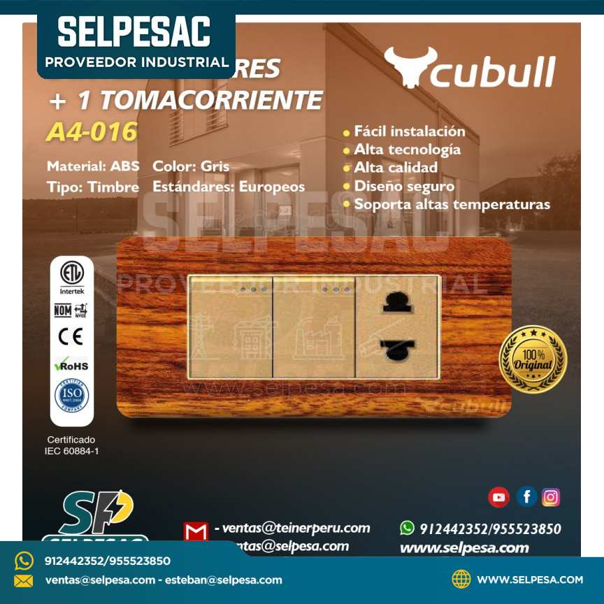 CUBULL - 2 INTERRUPTORES + 1 TOMACORRIENTE A4-016 MADERA