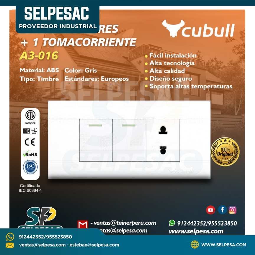 CUBULL - 2 INTERRUPTORES + 1 TOMACORRIENTE A3-016 BLANCO