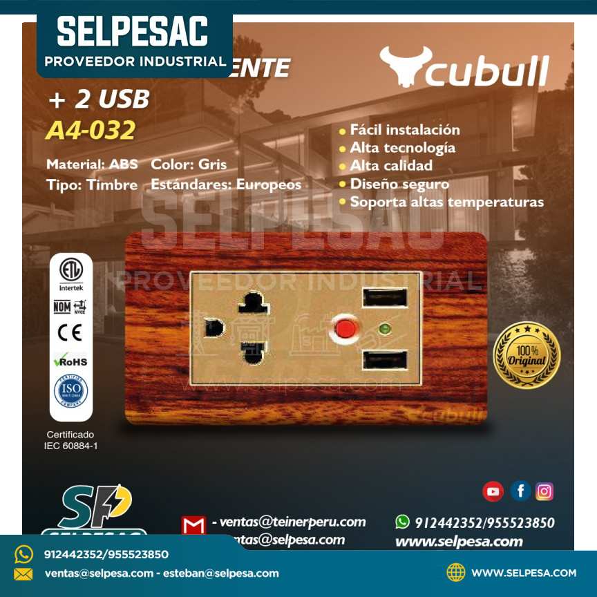 CUBULL - 1 TOMACORRIENTE + 2 USB A4-032 MADERA