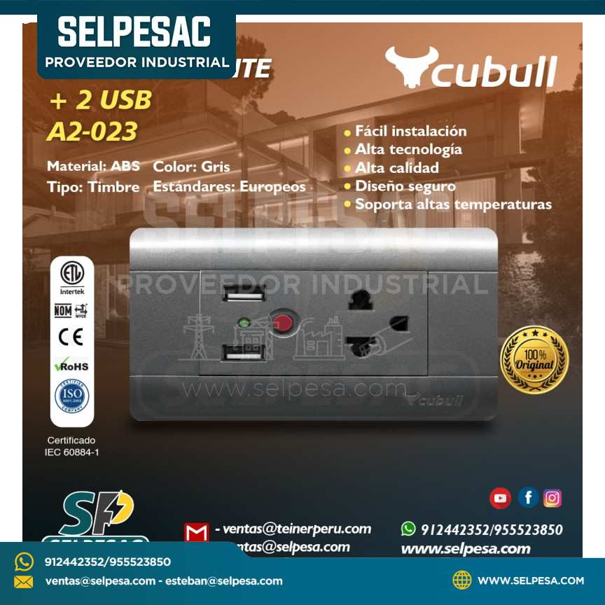 CUBULL- TOMACORRIENTE + 2 USB A2-023 GRIS