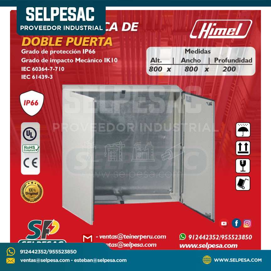 HIMEL - CAJA METÁLICA DE DOBLE PUERTA - 800X800X200 -  IP66 IK10