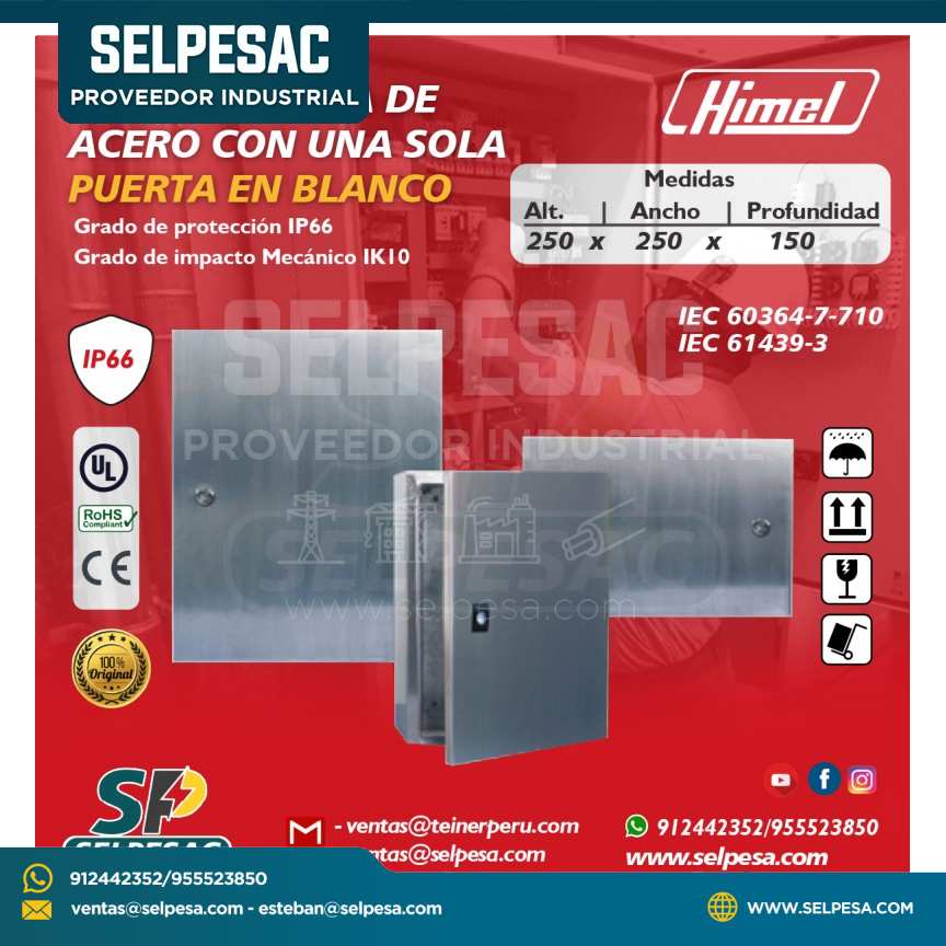 HIMEL - CAJA METÁLICA 250X250X150 DE ACERO CON UNA SOLA PUERTA EN BLANCO IP66 IK10