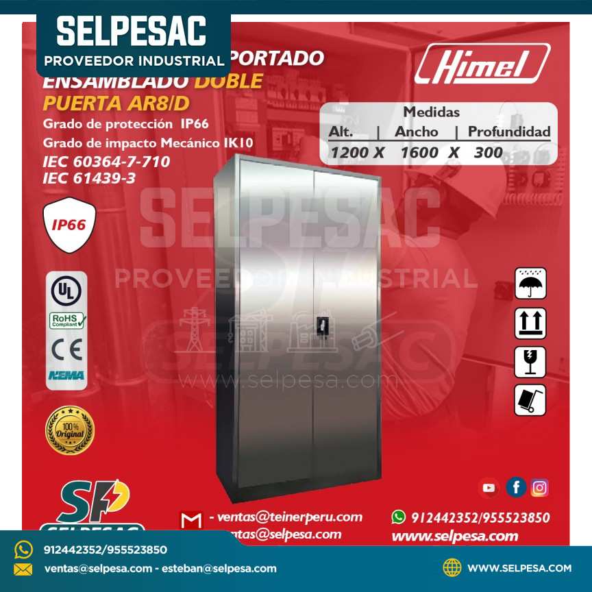 HIMEL - TABLERO AUTOSOPORTADO ENSAMBLADO DOBLE PUERTA AR8-D 1200X1600X300 IP66 IK10