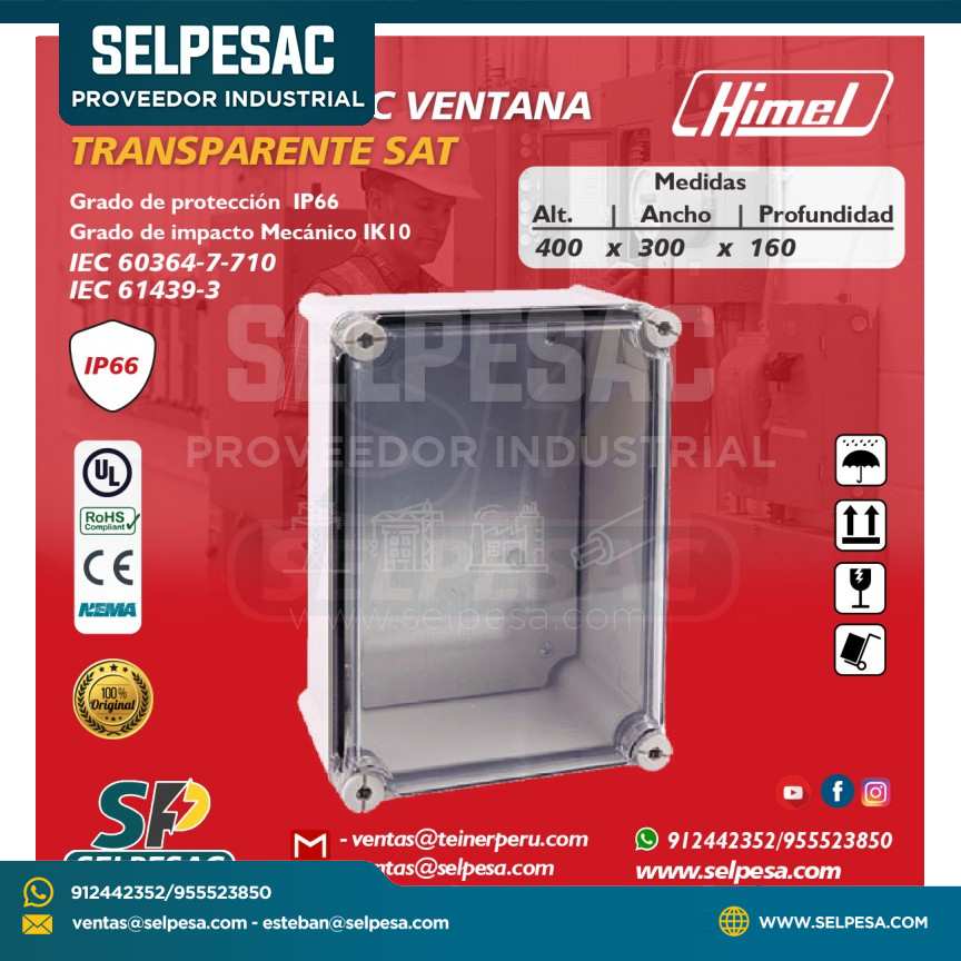 HIMEL - TABLERO ABS/PC VENTANA TRANSPARENTE SAT 400X300X160 IP66 IK10