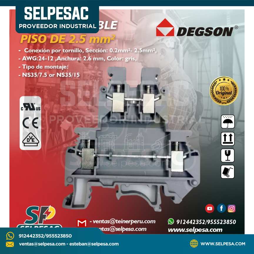 DEGSON - BORNERA DOBLE PISO DE 2.5MM AWG 24-12 UL GRIS