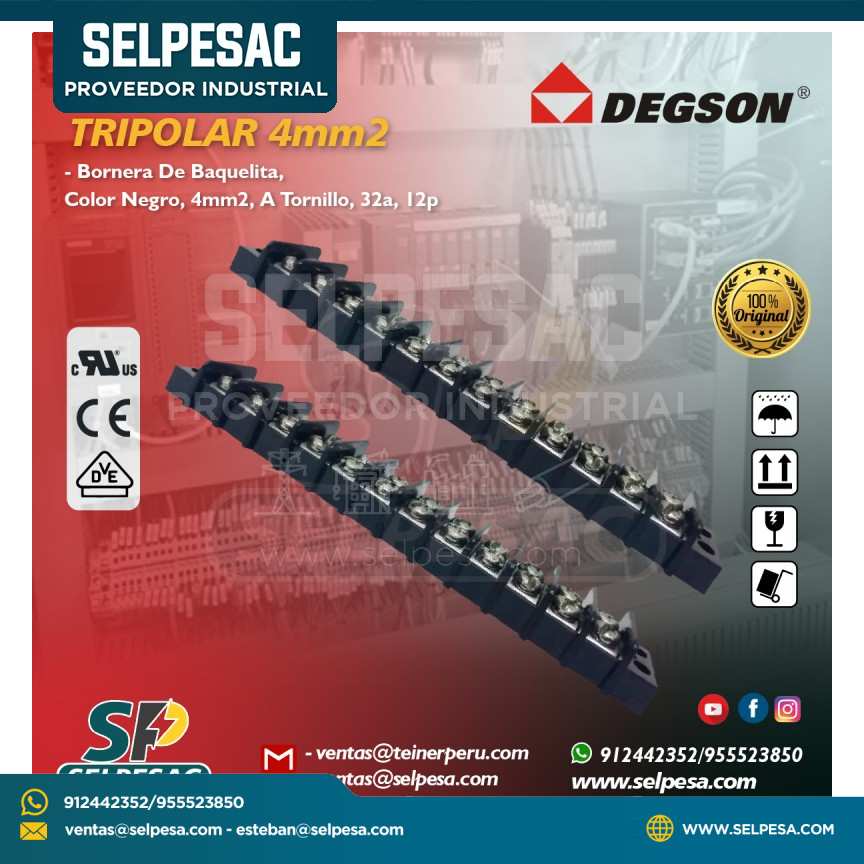 DEGSON - BORNERA TRIPOLAR 4MM2 NEGRO C/ TORNILLO