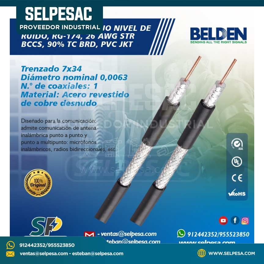 BELDEN - CABLE COAXIAL BAJO NIVEL DE RUIDO - RG 174 26 AWG 5TR