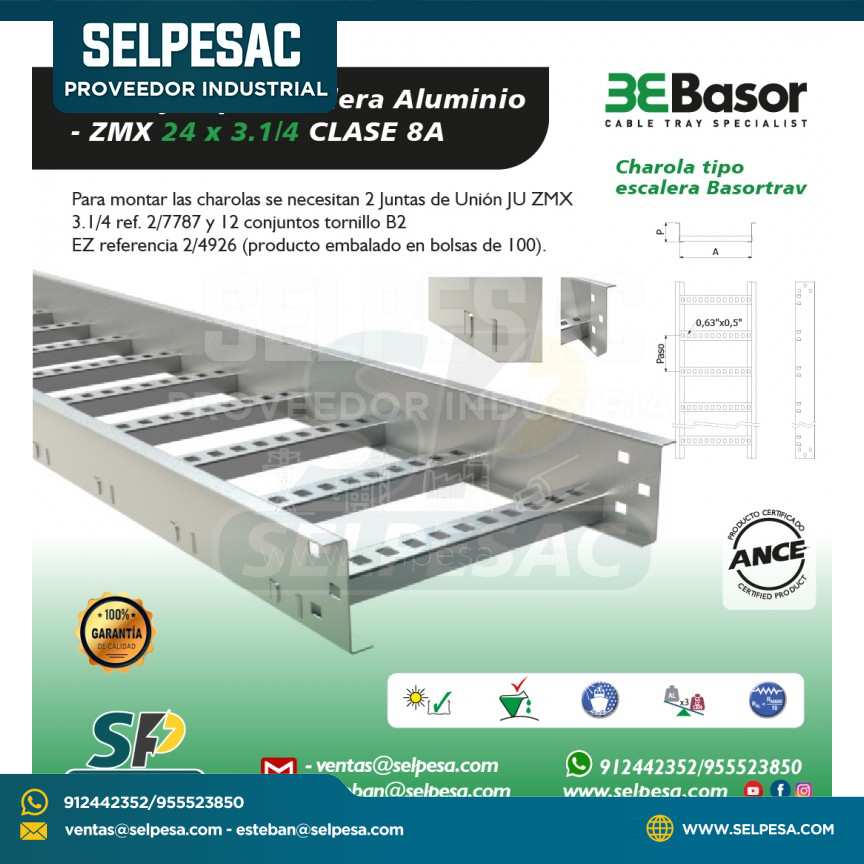 BASOR - BANDEJA TIPO ESCALERA ALUMINIO ZMX 24 X3.1/4 CLASE 8A
