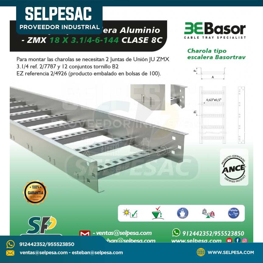 BASOR - BANDEJA TIPO ESCALERA ALUMINIO ZMX 18 X 3.1/4 CLASE 8C
