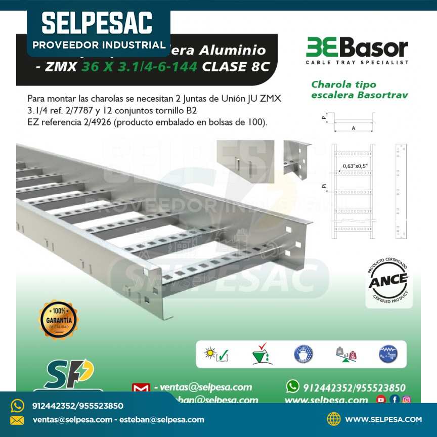 BASOR - BANDEJA TIPO ESCALERA ALUMINIO ZMX 36 X 3.1/4 CLASE 8C