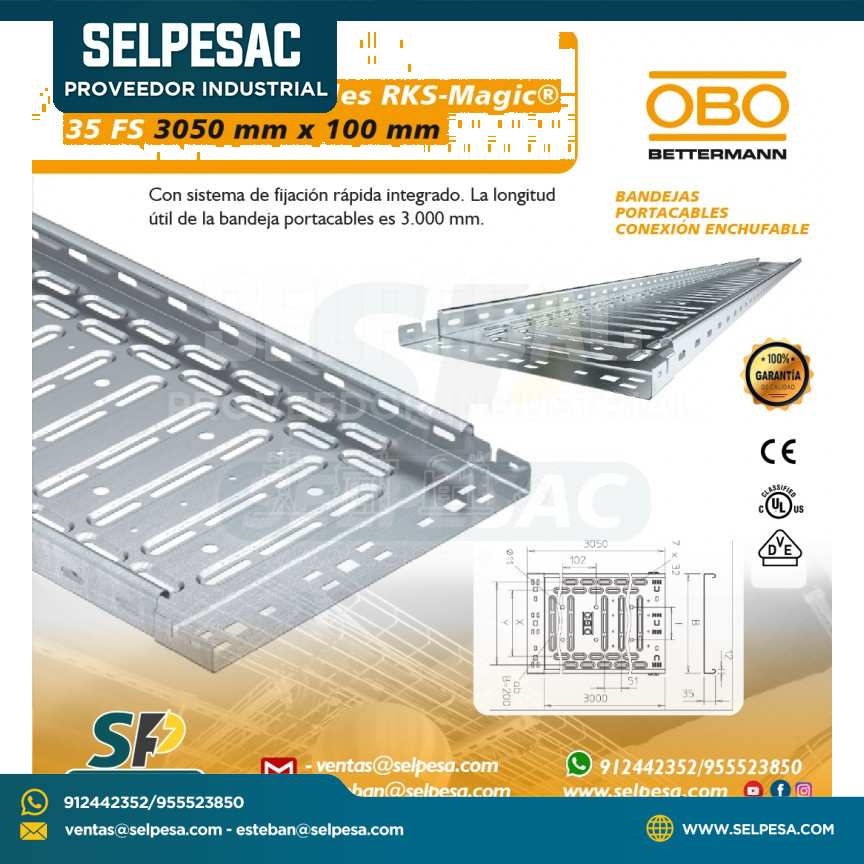 OBO - BANDEJA PORTACABLE RKS MAGIC 35FS 3050MM X 100MM ACERO GALVANIZADO
