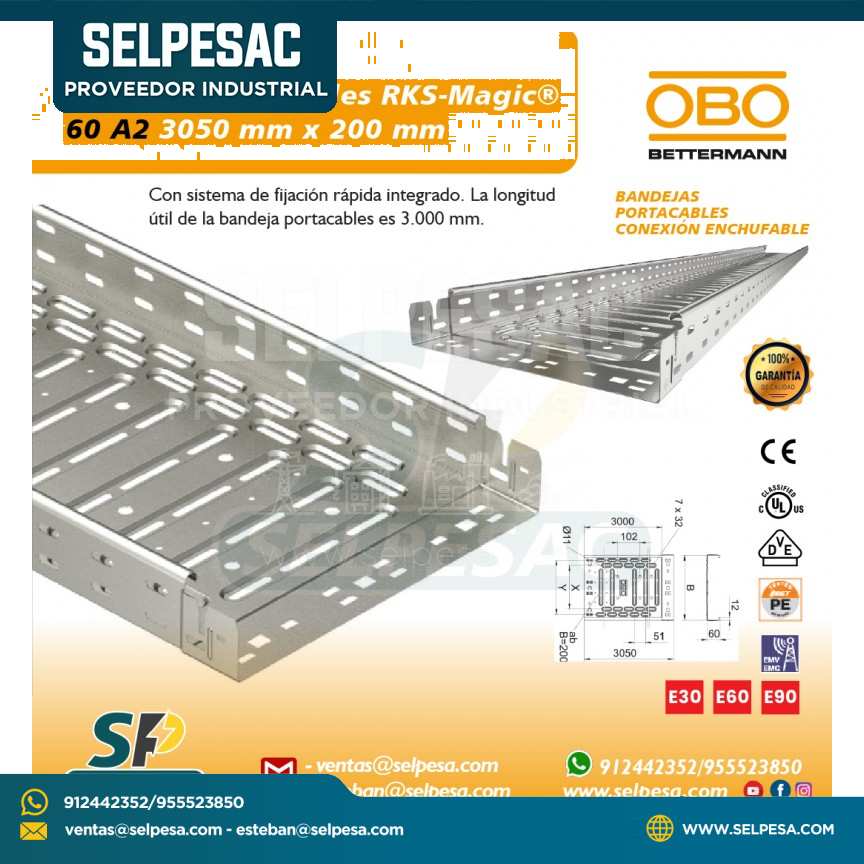 OBO - BANDEJA PORTACABLE RKS MAGIC 60A2 3050MM X 200MM ACERO GALVANIZADO
