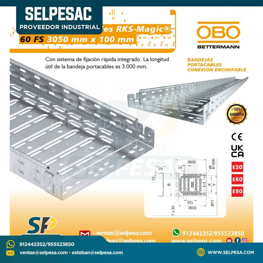 OBO - BANDEJA PORTACABLE RKS MAGIC 60FS 3050MM X 100MM ACERO GALVANIZADO