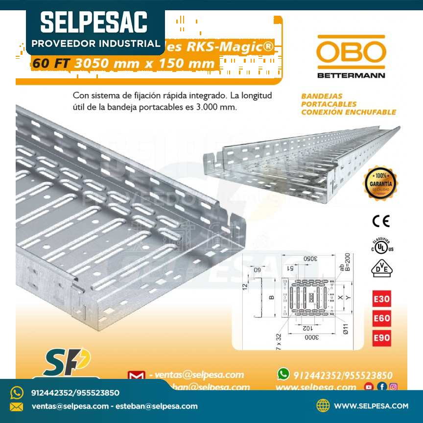 OBO - BANDEJA PORTACABLE RKS MAGIC 60FT 3050MM X 150MM ACERO GALVANIZADO