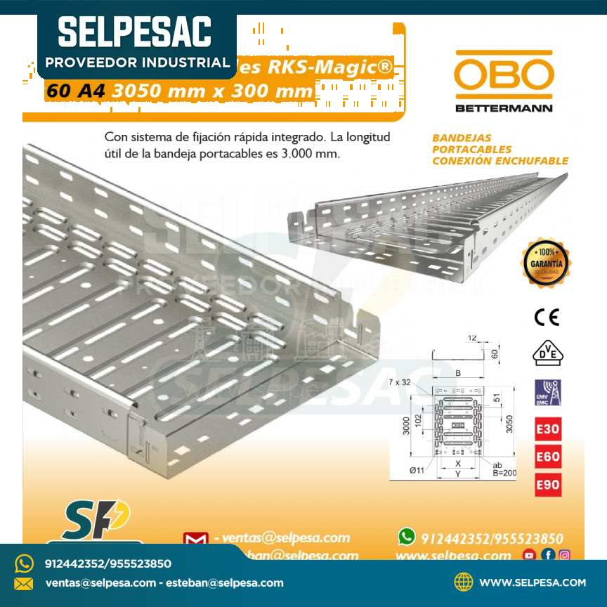 OBO - BANDEJA PORTACABLE RKS MAGIC 60A4 3050MM X 300MM ACERO GALVANIZADO