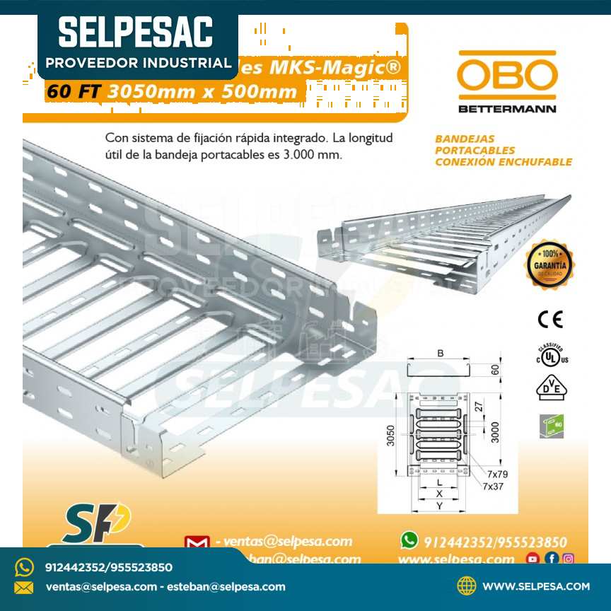 OBO - BANDEJA PORTACABLE MKS MAGIC 60 FT 3050MM X 500MM ACERO GALVANIZADO