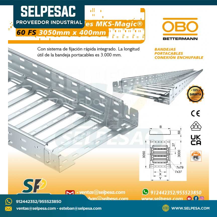 OBO - BANDEJA PORTACABLE MKS MAGIC 60 FS 3050MM X 400MM ACERO GALVANIZADO