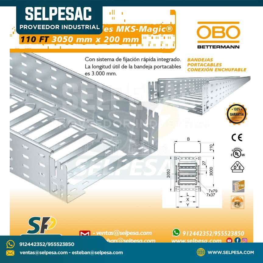 OBO - BANDEJA PORTACABLE MKS MAGIC 110 FT 3050MM X 200MM ACERO GALVANIZADO