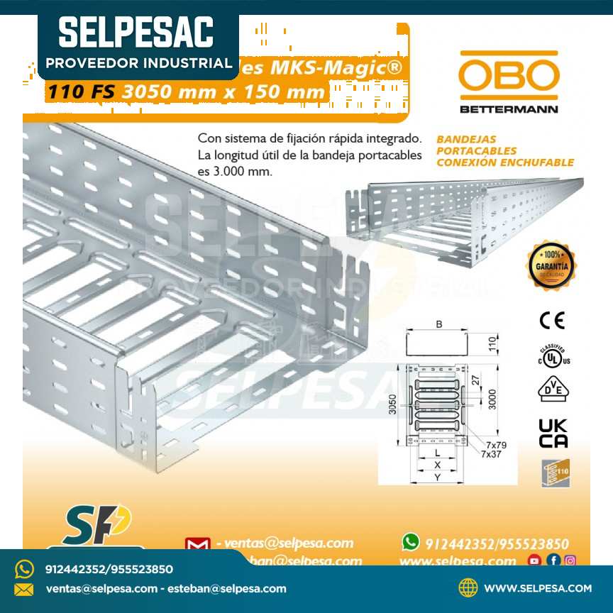 OBO - BANDEJA PORTACABLE MKS MAGIC 110 FS 3050MM X 150MM ACERO GALVANIZADO