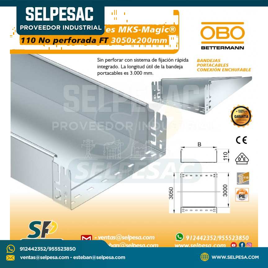 OBO - BANDEJA PORTACABLE MKS MAGIC 110 NO PERFORADA FT 3050MM X 200MM ACERO