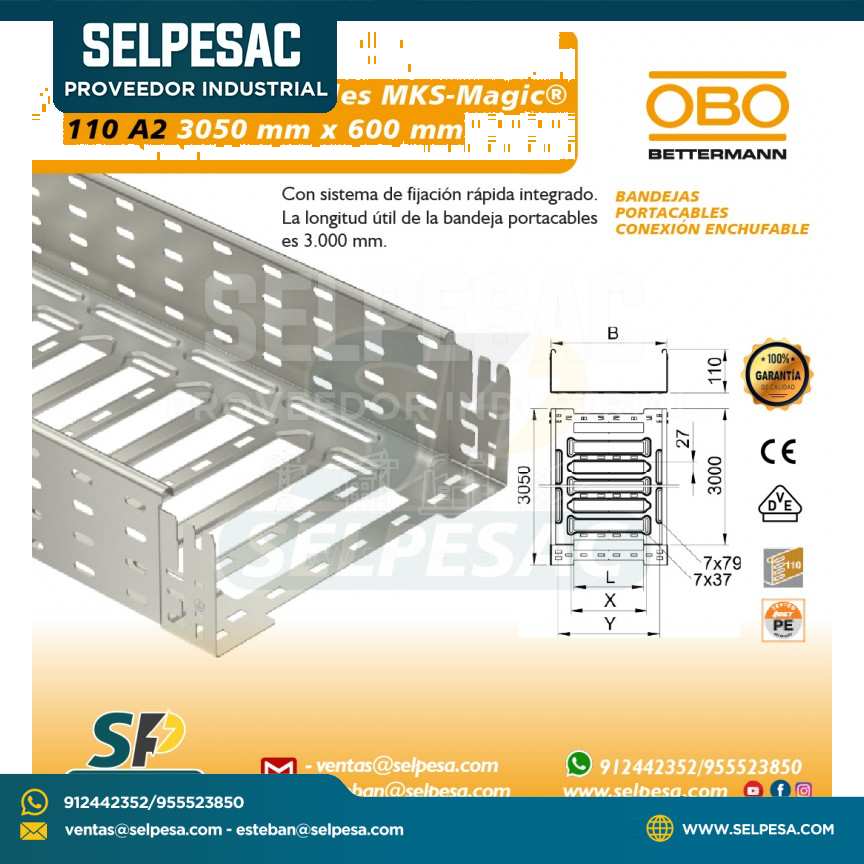 OBO - BANDEJA PORTACABLE MKS MAGIC 110 A2 3050MM X 600MM ACERO GALV.