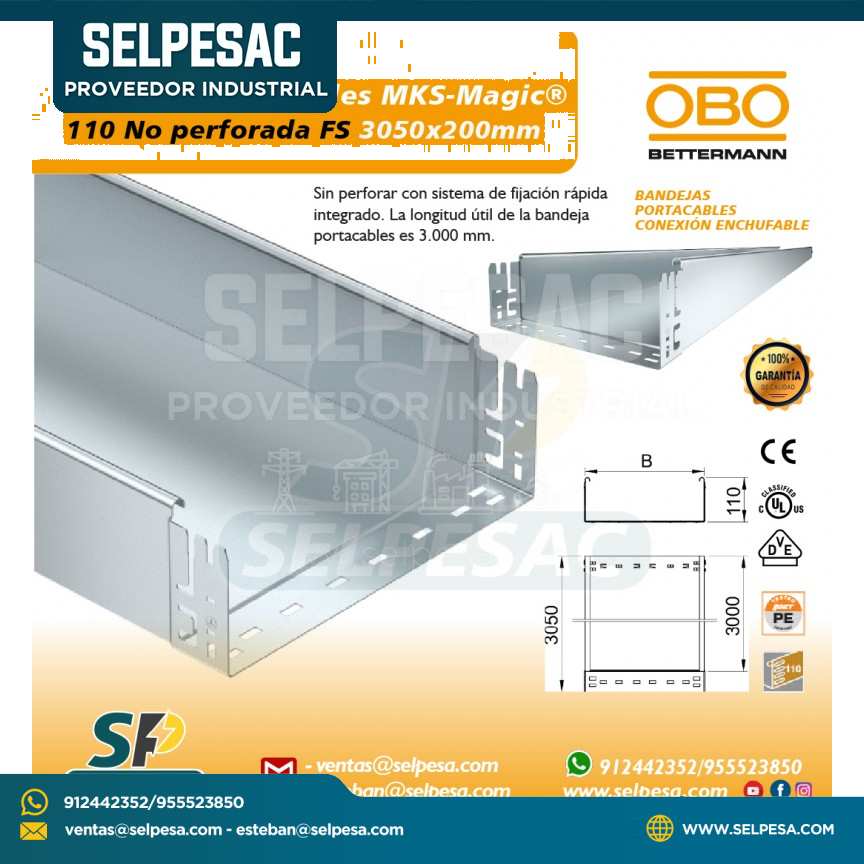 OBO - BANDEJA PORTACABLE MKS MAGIC 110 NO PERFORADA FS 3050MM X 200MM ACERO