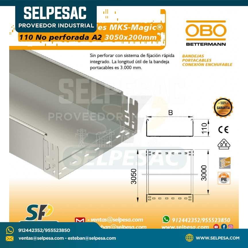 OBO - BANDEJA PORTACABLE MKS MAGIC 110 NO PERFORADA A2 3050MM X 200MM ACERO