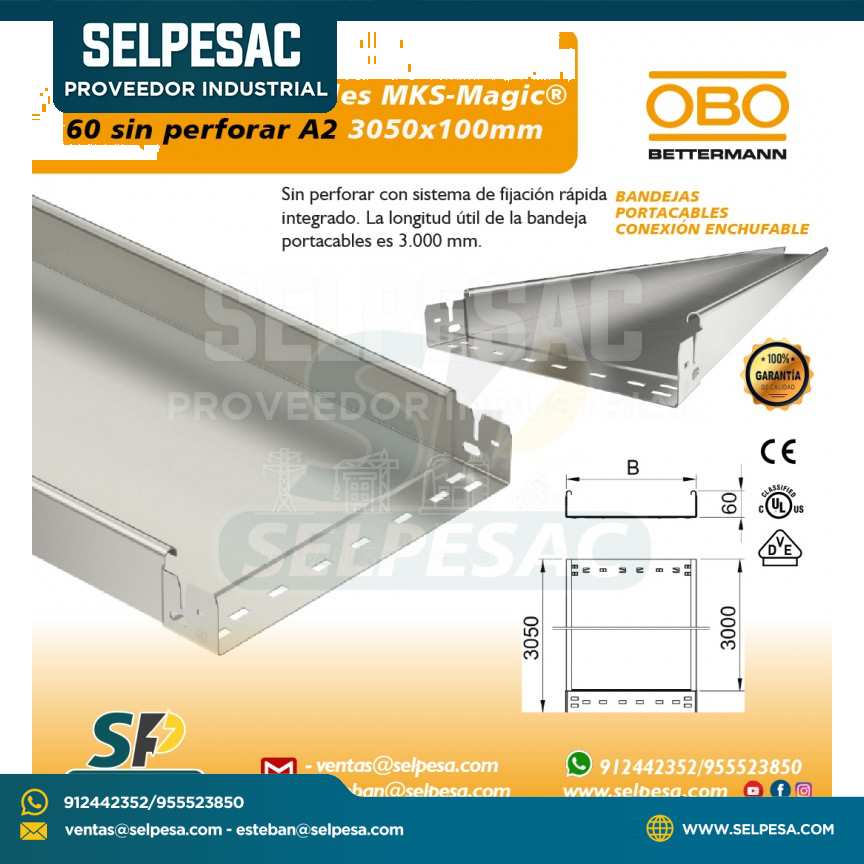 OBO - BANDEJA PORTACABLE MKS MAGIC 60 NO PERFORADA A2 3050MM X 100MM ACERO