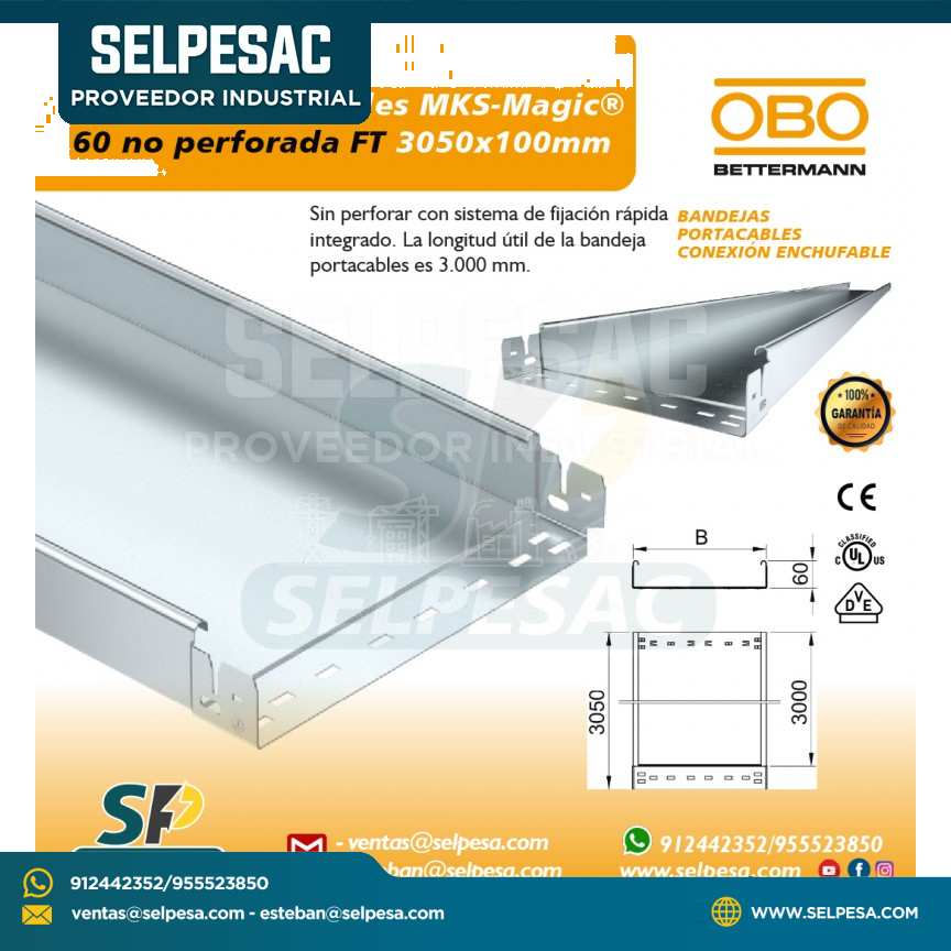 OBO - BANDEJA PORTACABLE MKS MAGIC 60 NO PERFORADA FT 3050MM X 100MM ACERO