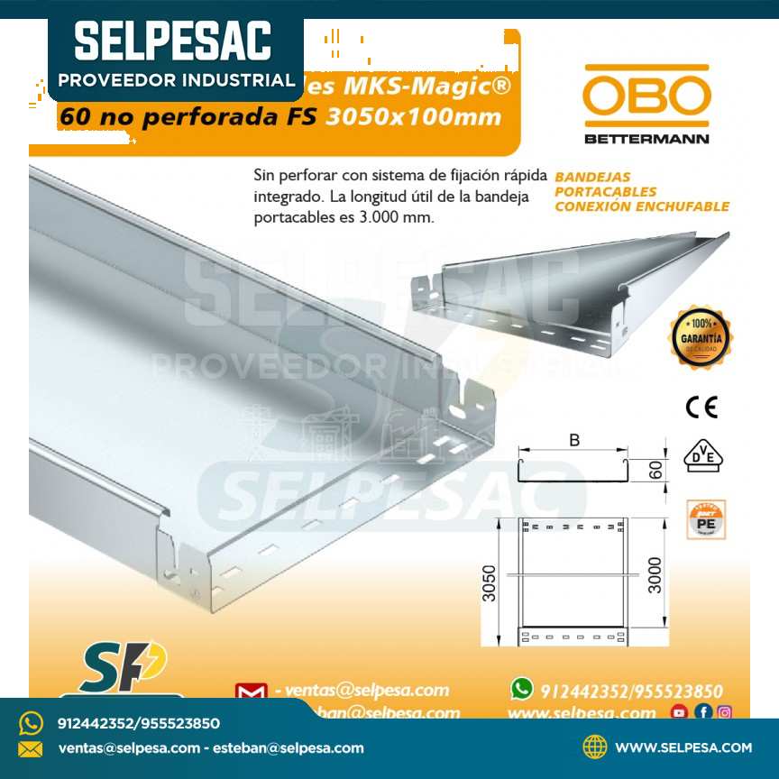 OBO - BANDEJA PORTACABLE MKS MAGIC 60 NO PERFORADA FS 3050MM X 100MM ACERO