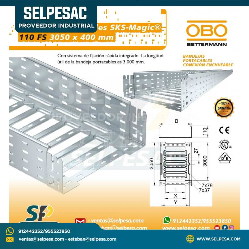 OBO - BANDEJA PORTACABLE SKS MAGIC 110 FS 3050MM X 400MM ACERO GALV.