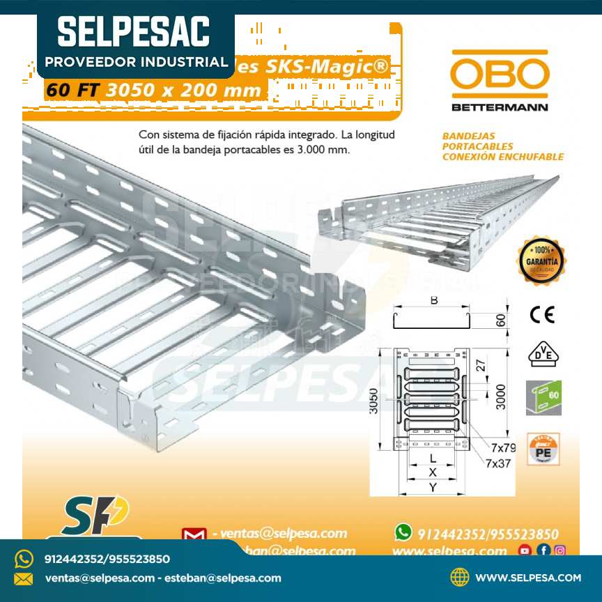 OBO - BANDEJA PORTACABLE SKS MAGIC 60 FT  3050MM X 200MM ACERO GALV.