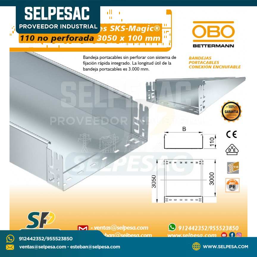 OBO - BANDEJA PORTACABLE SKS MAGIC 110 NO PERFORADA 3050MM X 100MM ACERO