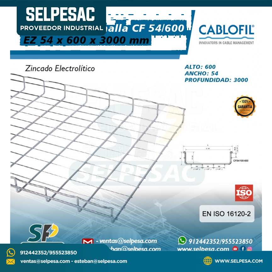 CABLOFIL - BANDEJA TIPO MALLA CF 54/600 EZ 54X600X3000MM ZINCADO ELECTROLÍTICO