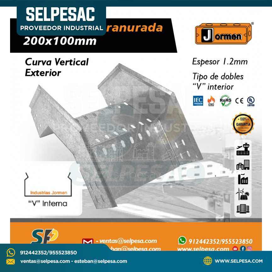 JORMEN - BANDEJA TIPO RANURADA CURVA VERTICAL EXTERIOR 200X100MM UL