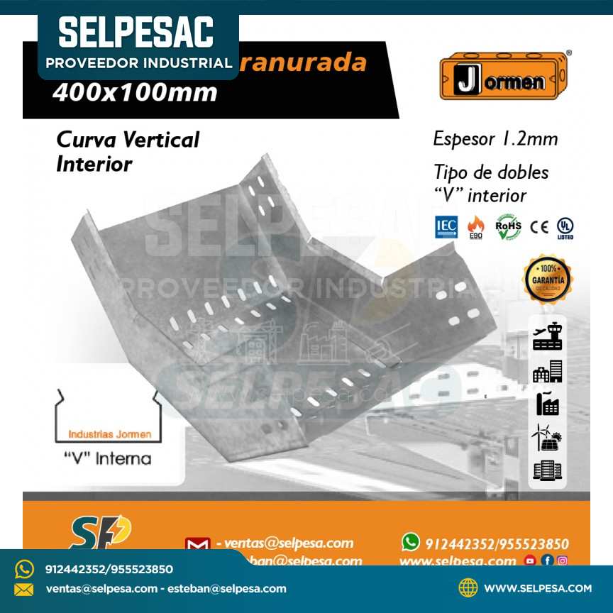 JORMEN - BANDEJA TIPO RANURADA CURVA VERTICAL INTERIOR 400X100MM UL