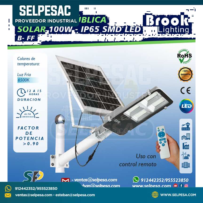 BROOK LIGHTING - LUMINARIA PÚBLICA SOLAR 100W IP65 - SMD LED 6500K