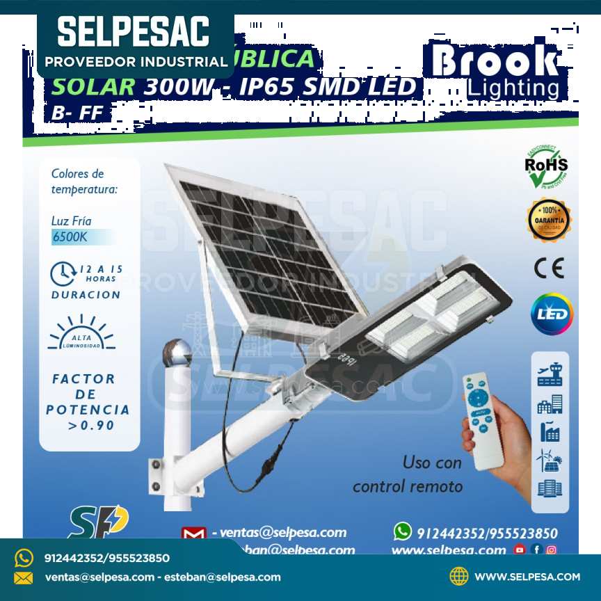 BROOK LIGHTING - LUMINARIA PÚBLICA SOLAR 300W IP65 - SMD LED 6500K