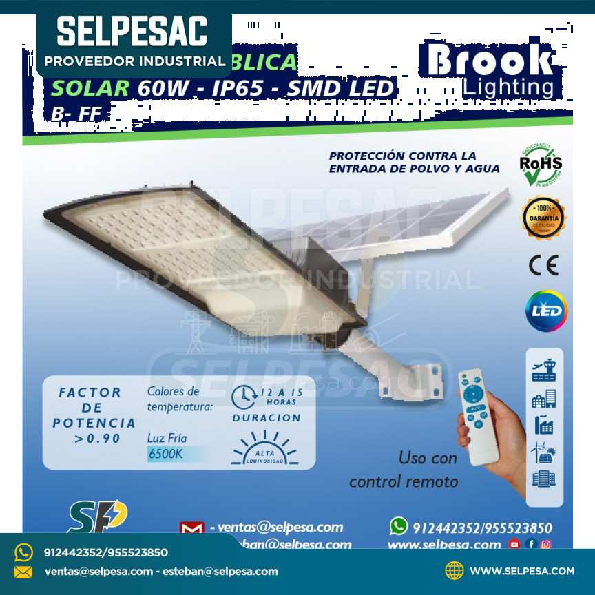 BROOK LIGHTING - LUMINARIA PÚBLICA SOLAR 60W IP65 - SMD LED